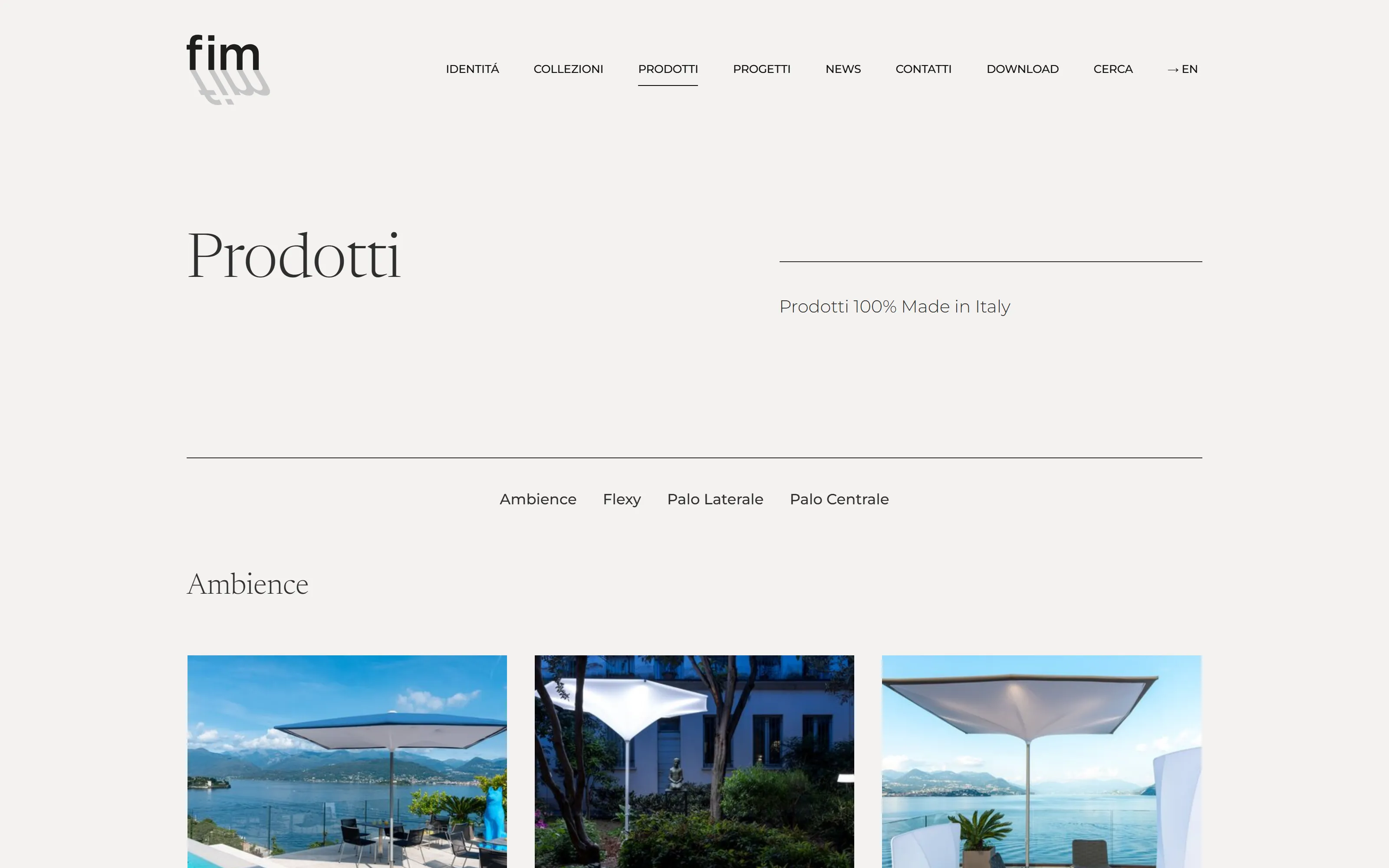 Pagina prodotti di FIM con le collezioni di ombrelloni (Ambience, Flexy, Palo Centrale, Palo Laterale)