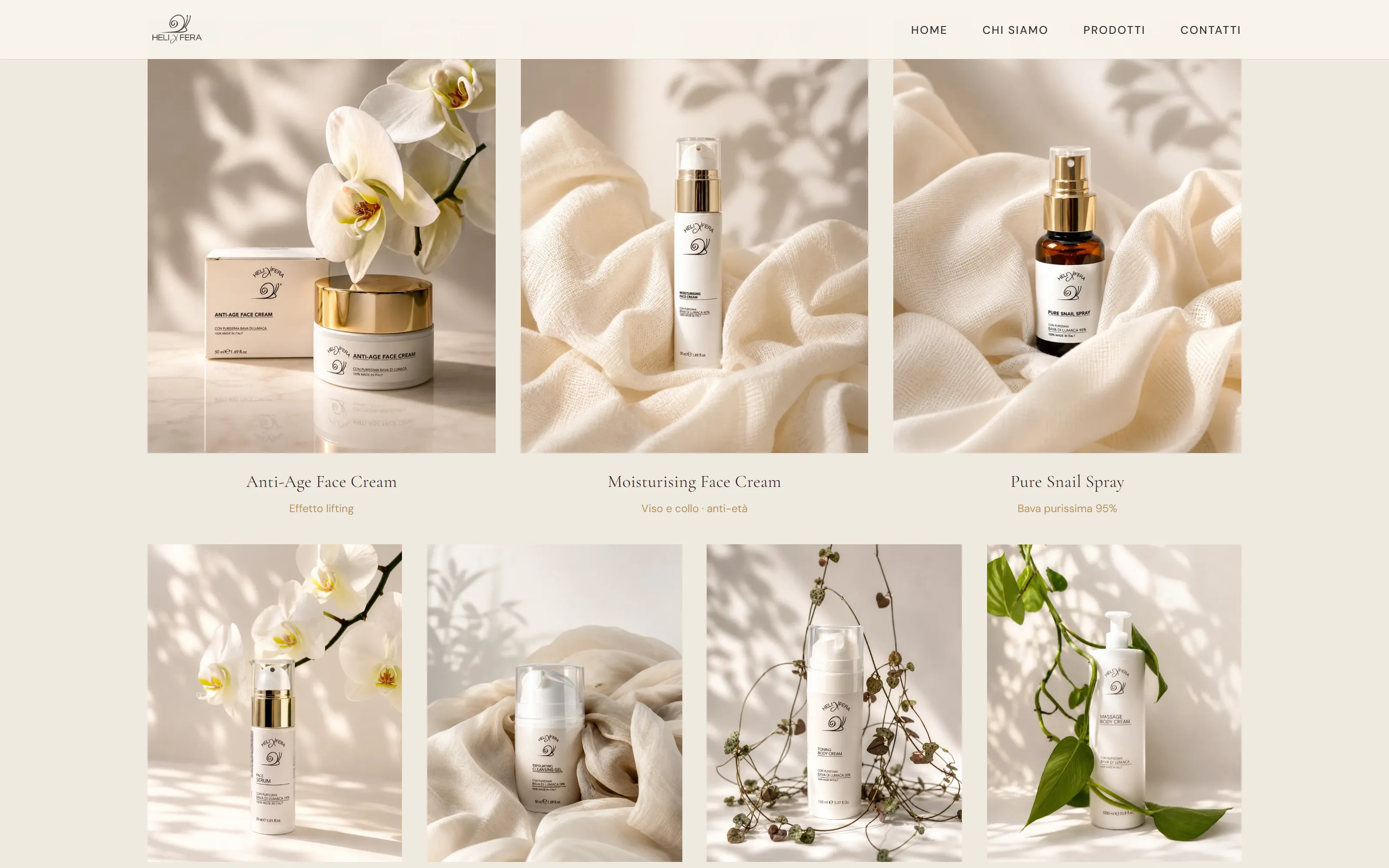 Griglia della linea cosmesi: crema anti-età, crema idratante, spray alla bava purissima, siero e creme corpo