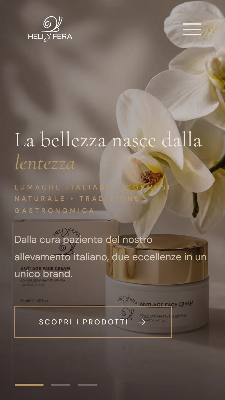 Home di Helixfera da smartphone: hero fotografico e menu di navigazione