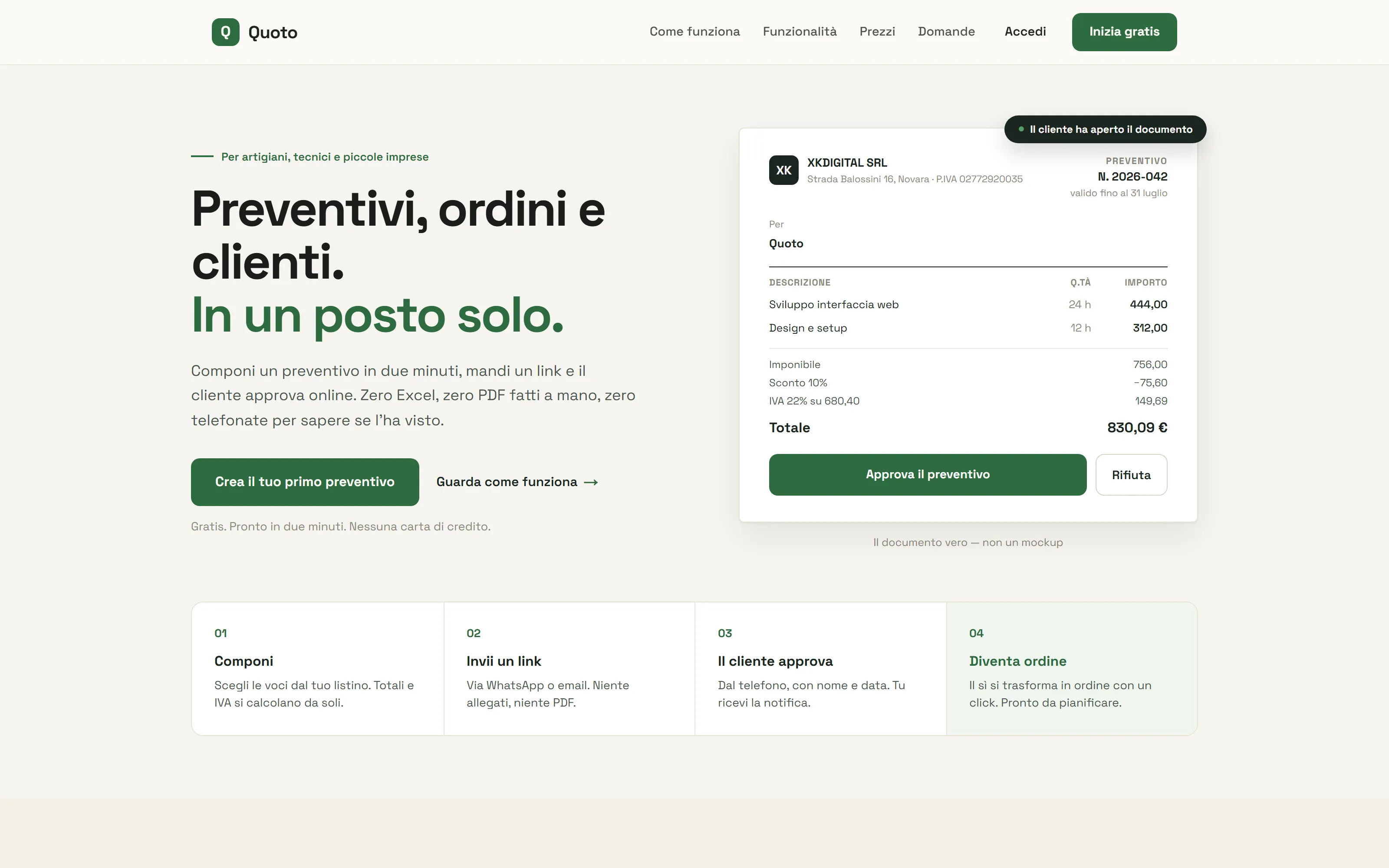 Home di Quoto: titolo "Preventivi, ordini e clienti. In un posto solo." accanto a un preventivo di esempio con totali, IVA e pulsante di approvazione