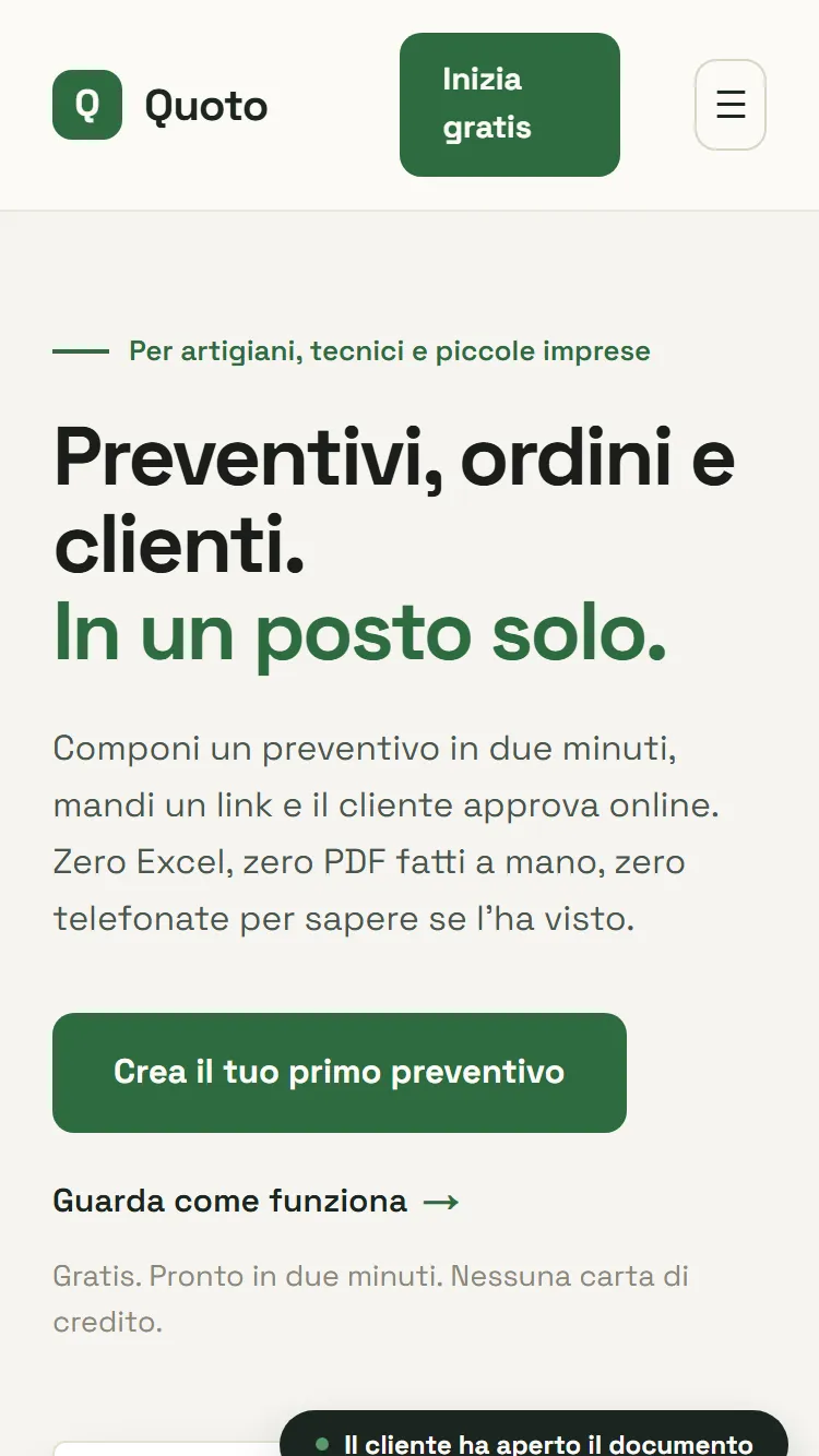 Home di Quoto da smartphone: titolo, descrizione e pulsante per creare il primo preventivo