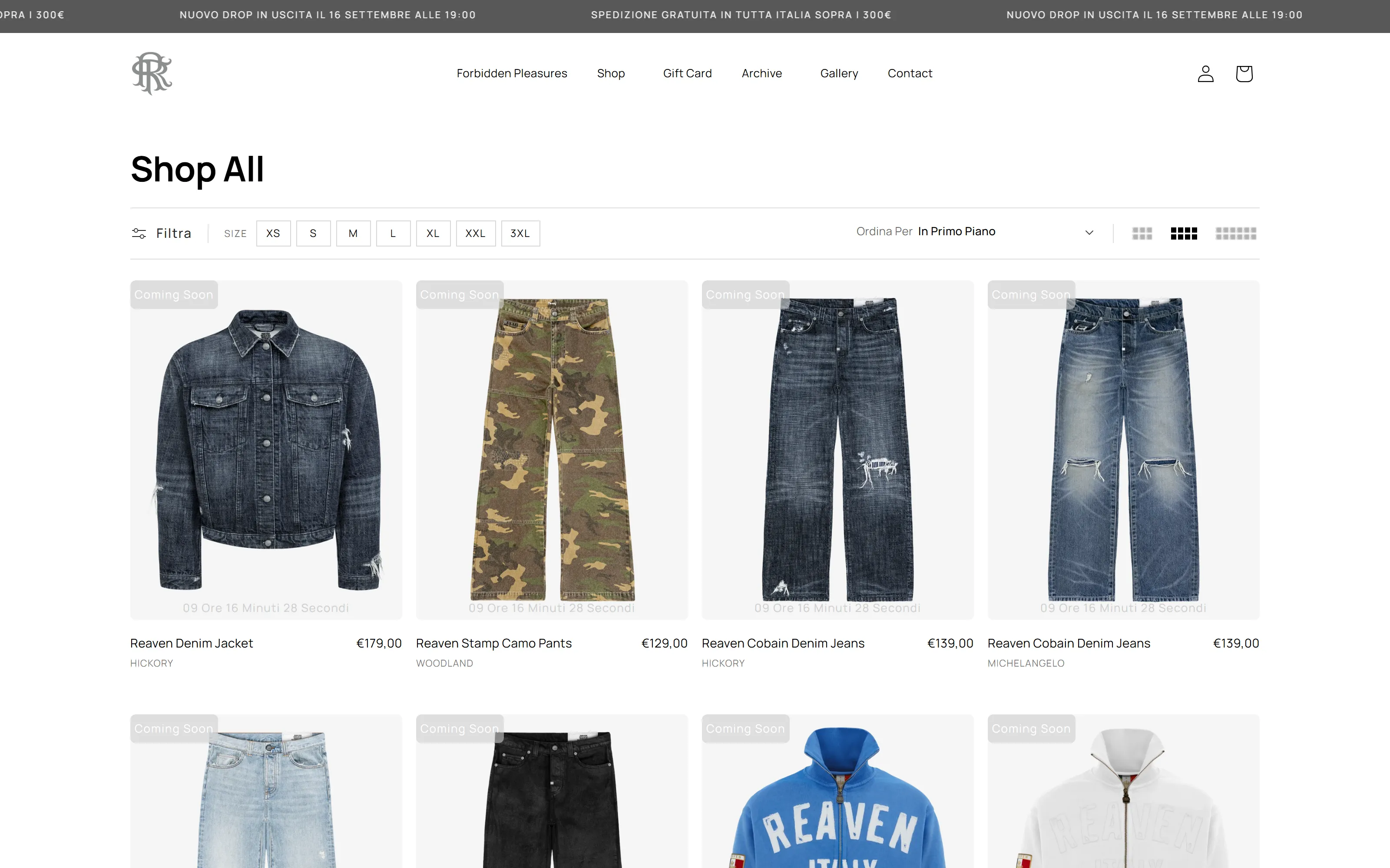 Pagina Shop All dopo il restyling 2026: filtri per taglia, ordinamento e griglia a quattro colonne con foto, nome, prezzo e colore