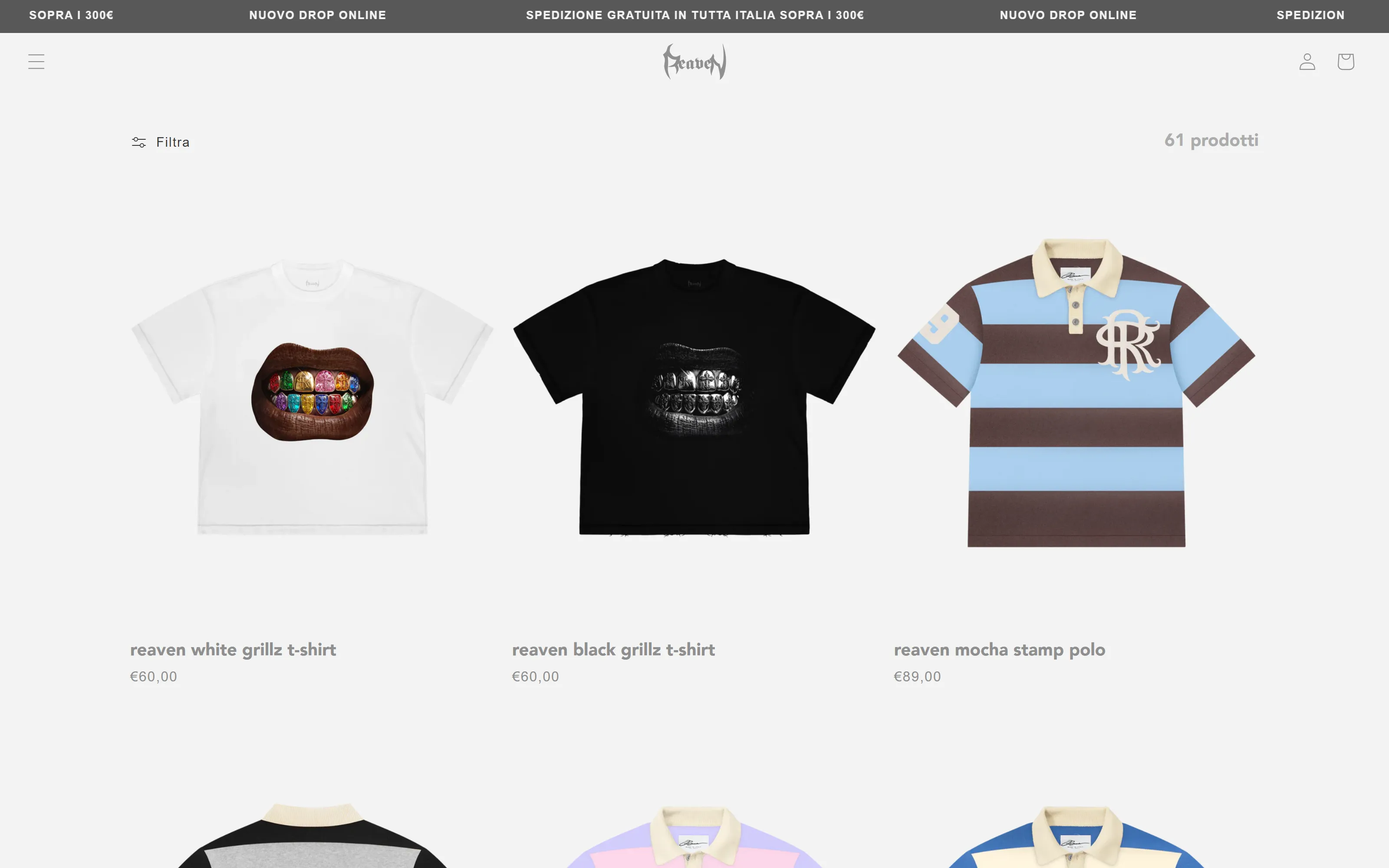Collezione in evidenza dello store Reaven: tee grafiche e polo del drop corrente