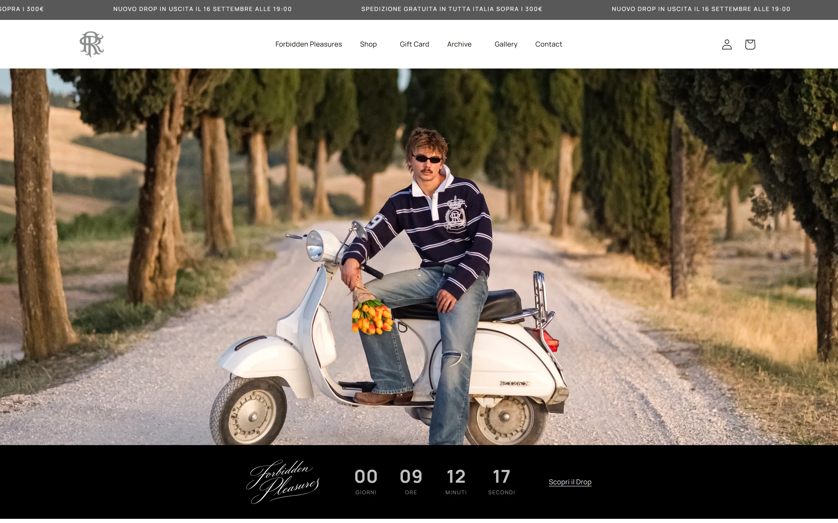 Home page dopo il restyling 2026: video a tutto schermo con un ragazzo in polo a righe su una Vespa lungo un viale di cipressi, sotto il conto alla rovescia del drop Forbidden Pleasures