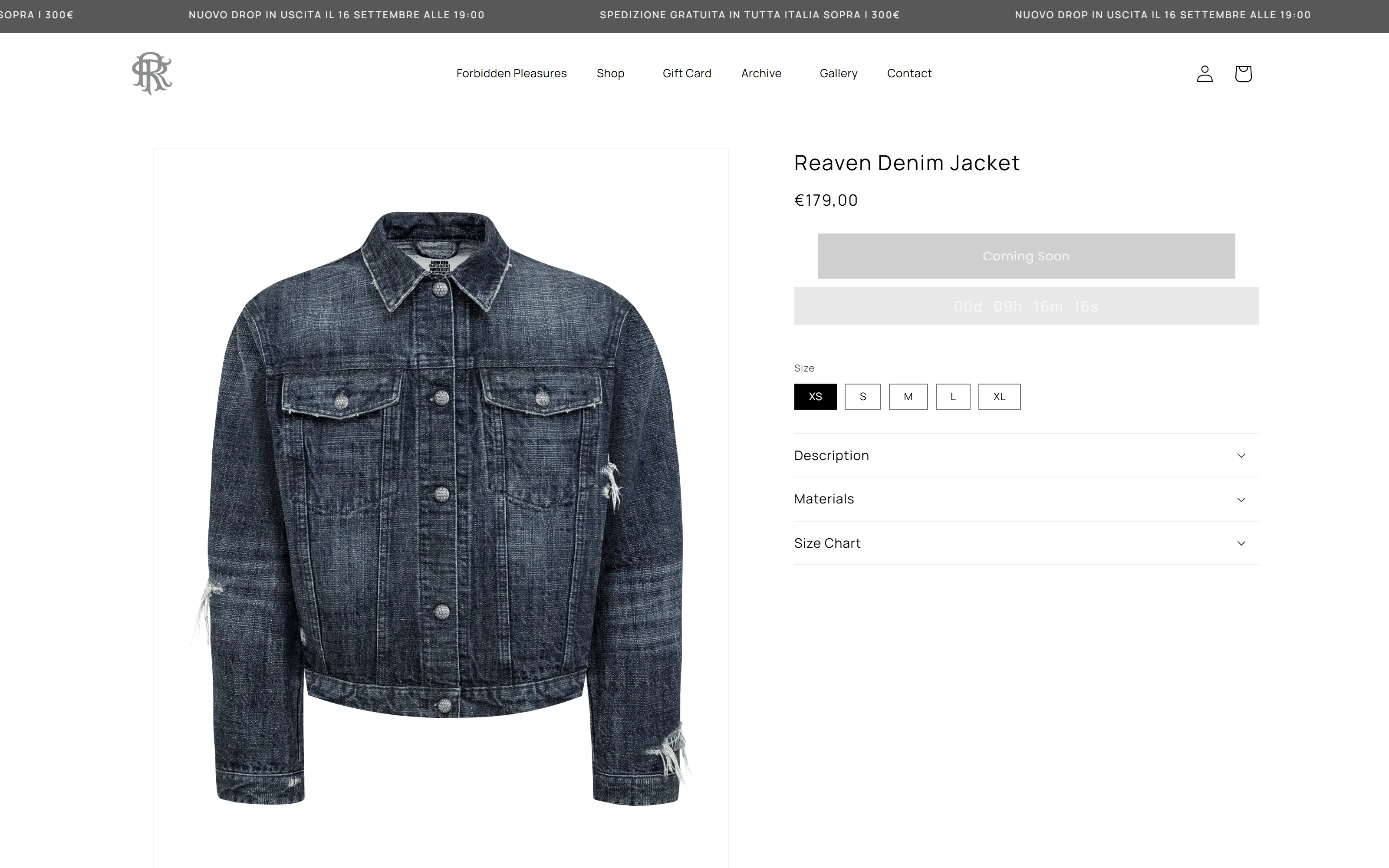 Scheda prodotto della Reaven Denim Jacket dopo il restyling 2026: foto grande, prezzo, taglie e sezioni descrizione, materiali e tabella taglie
